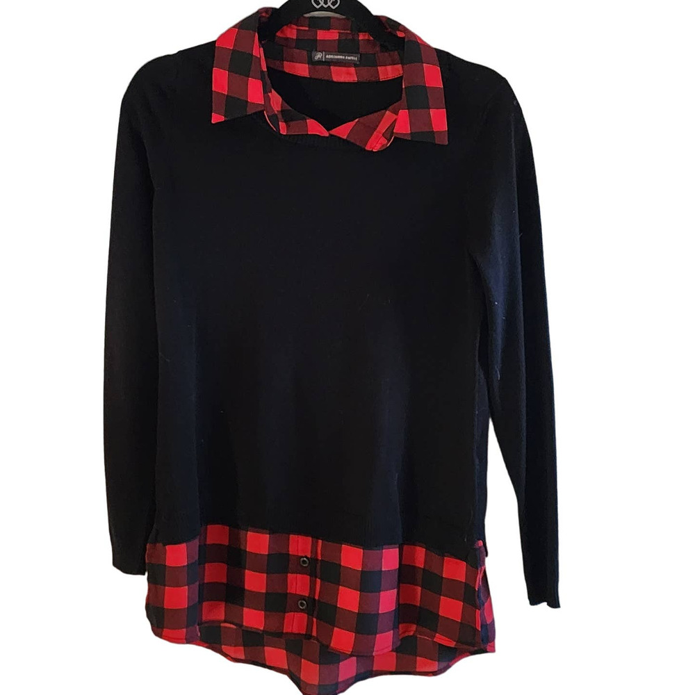 Adriana Papell Faux Layered Long Sleeve Buffalo Print Black Sweater Womens S
